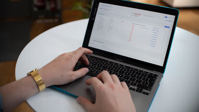 Hands working on a spreadsheet on a laptop
