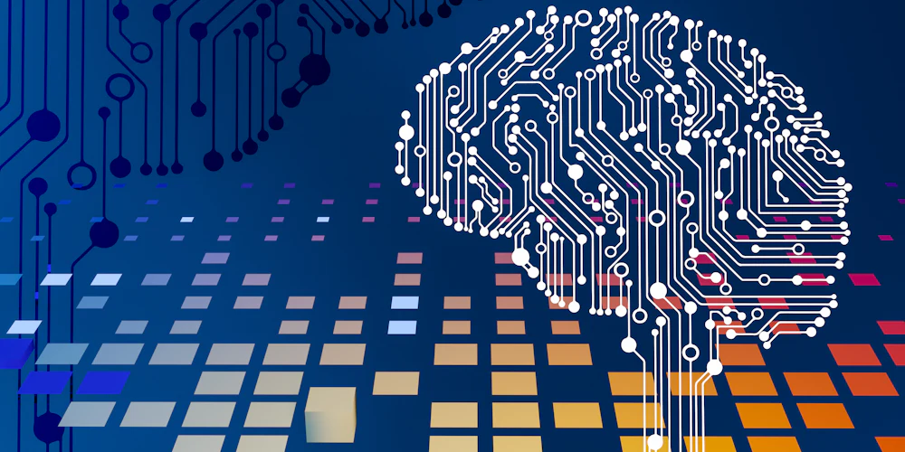 Circuit board with a glowing AI brain