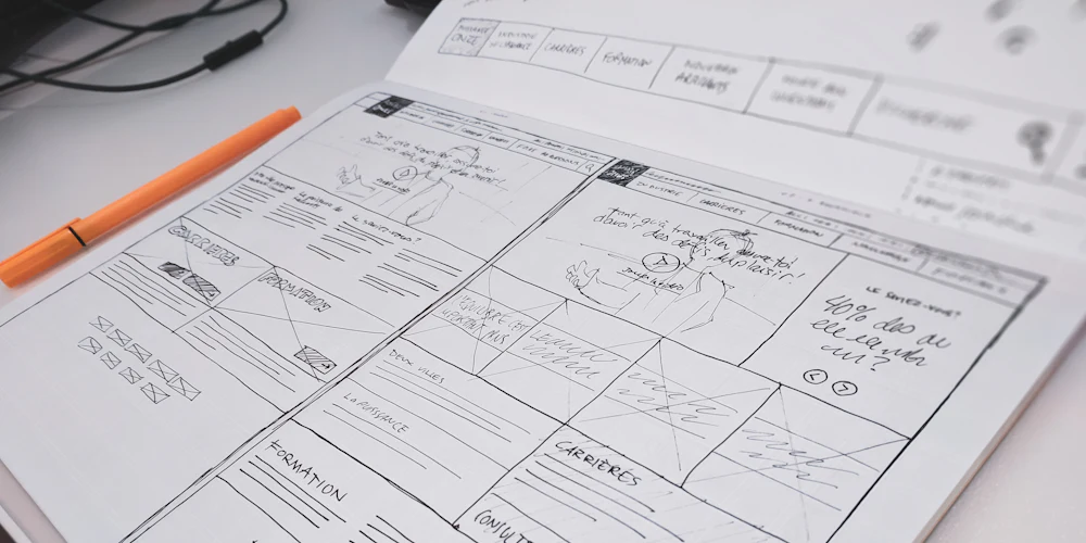Hand-drawn website wireframe sketch on paper
